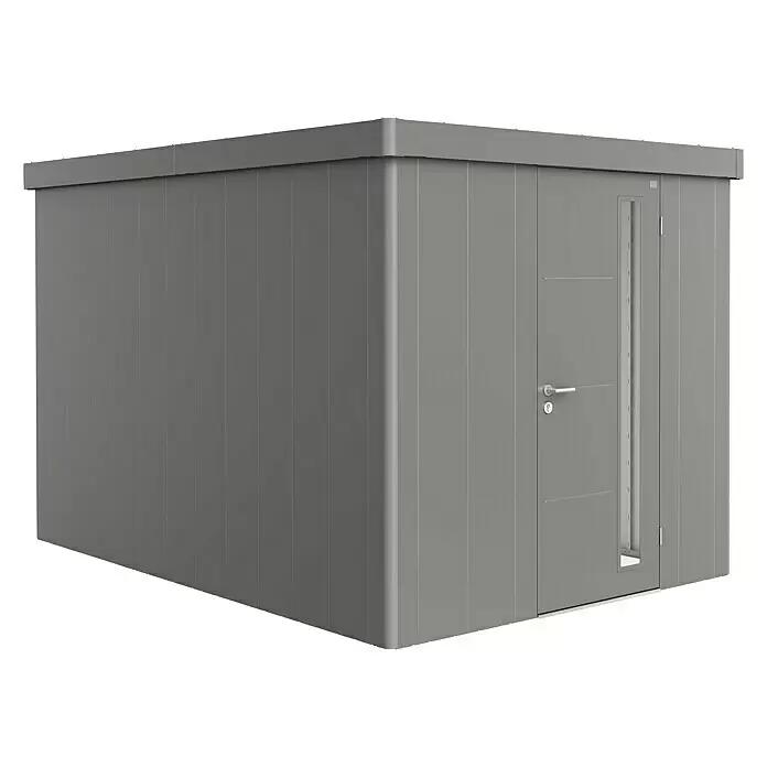 Biohort Neo Gerätehaus Neo 4B - Außenbreite inkl. Dachüberstand: 236 cm, Außentiefe inkl. Dachüberstand: 348 cm, Stahl, Quarzgrau-Metallic, Einzeltür - Moderner grauer Metallschuppen mit Flachdach und Tür mit vertikalem Fenster.