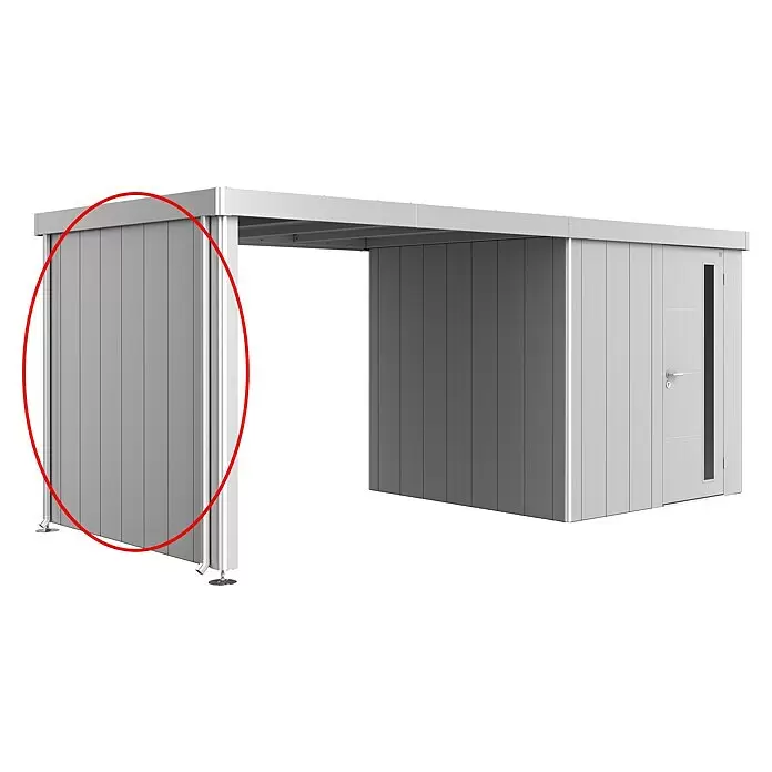 Biohort Neo Seitenwand - Passend für: Biohort Gerätehaus NEO 2A, Silber Metallic - Hellegrauer modularer Metallcarport mit vertikalen Lamellen-Seitenwänden und integriertem Geräteschuppen, für moderne Außenbereiche.