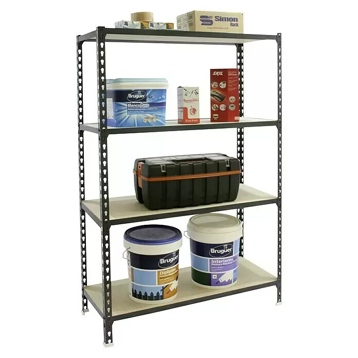 Simonrack Maderclick Metallregal Maderclick SuperPlus - H x B x T: 150 x 110 x 50 cm, Traglast pro Boden: 200 kg, Anzahl Böden: 4 Stk., Stecken, Anthrazitgrau - Anwendungsbeispiel
