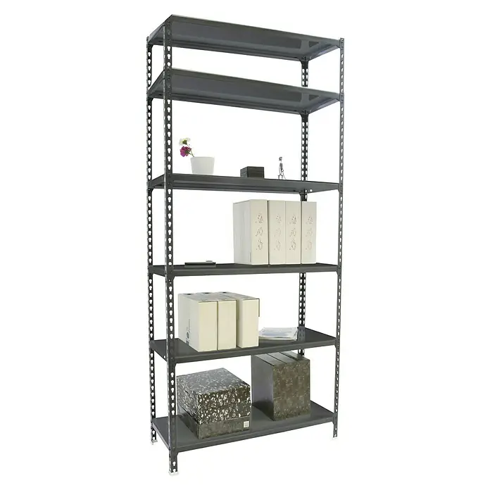 Simonrack Simonclick Metallregal Simonclick Plus - H x B x T: 250 x 90 x 30 cm, Traglast pro Boden: 180 kg, Anzahl Böden: 6 Stk., Stecken, Anthrazit/Anthrazit - Produktfoto eines grauen Metallregals mit sechs Ablagen, das mit verschiedenen Gegenständen wie Kartons und Büroartikeln befüllt ist.