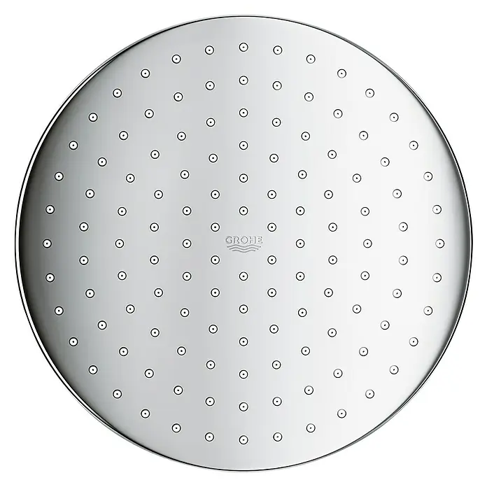 Grohe Vitalio Start Duschsystem 250 - Mit Thermostatarmatur, Lochabstand: 101,6 cm, Anzahl Strahlarten: 2 Stk., Chrom - Nahaufnahme eines runden Grohe Duschkopfs mit vielen kleinen Wasserdüsen und dem Grohe-Logo in der Mitte.