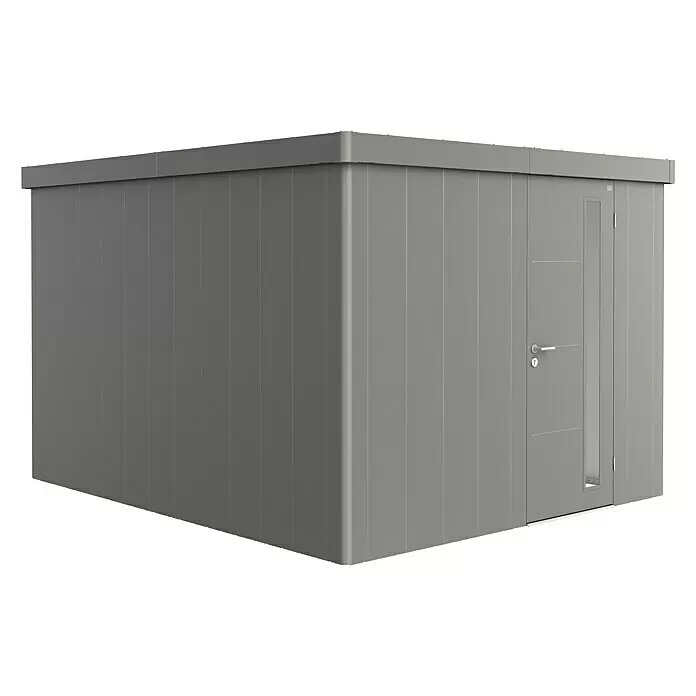 Biohort Neo Gerätehaus Neo 4C - Außenbreite inkl. Dachüberstand: 292 cm, Außentiefe inkl. Dachüberstand: 348 cm, Stahl, Quarzgrau-Metallic, Einzeltür - Graues Modulgebäude mit modernem Design und integrierter Tür.