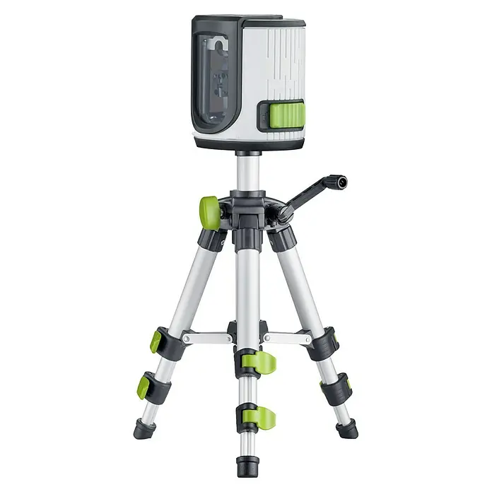 Laserliner Kreuzlinienlaser EasyCross Work - Messbereich: 0,05 - 40 m - Laser-Wasserwaage auf einem Stativ. Das Gerät ist weiß mit grünen Akzenten, und das Stativ ist silberfarben.