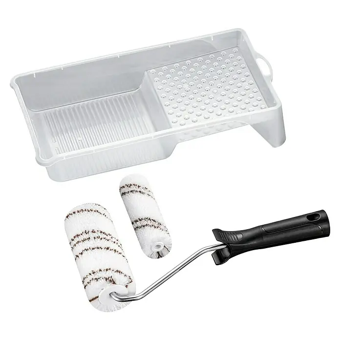 Farbroller-Set Holzschutz-/Lasur-Set4 -tlg. - Farbeimer-Set mit einer transparenten Farbwanne, zwei kleinen Farbrollern mit Griff zum präzisen Auftragen der Farbe auf kleineren Flächen.