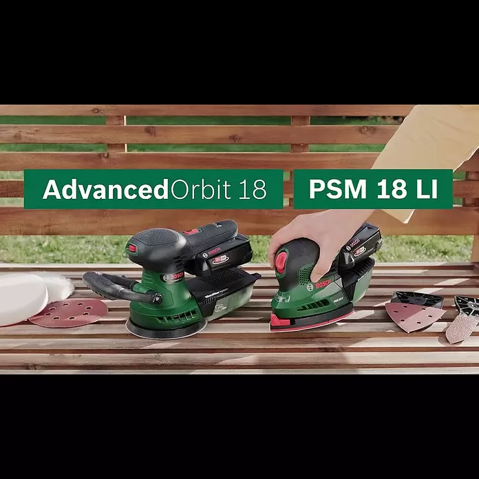 Bosch Power for All 18V Akku-Exzenterschleifer AdvancedOrbit 18 - 18 V, Li-Ionen, Ohne Akku, Durchmesser Schleifteller: 125 mm, Leerlaufdrehzahl: 3.000 U/min - 12.000 U/min - Schleifpower - AdvancedOrbit 18 und PSM 18 LI von Bosch
