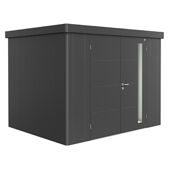 Biohort Neo Gerätehaus 2C (Außenbreite inkl. Dachüberstand: 292 cm, Außentiefe inkl. Dachüberstand: 236 cm, Stahl, Dunkelgrau-Metallic, Doppeltür) | BAUHAUS