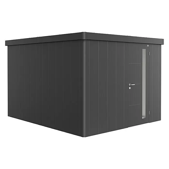 Biohort Neo Gerätehaus Neo 4C - Außenbreite inkl. Dachüberstand: 292 cm, Außentiefe inkl. Dachüberstand: 348 cm, Stahl, Dunkelgrau-Metallic, Einzeltür - Dunkelgraues modernes Gartenhaus mit Flachdach und einer Tür mit vertikalem Fenster.