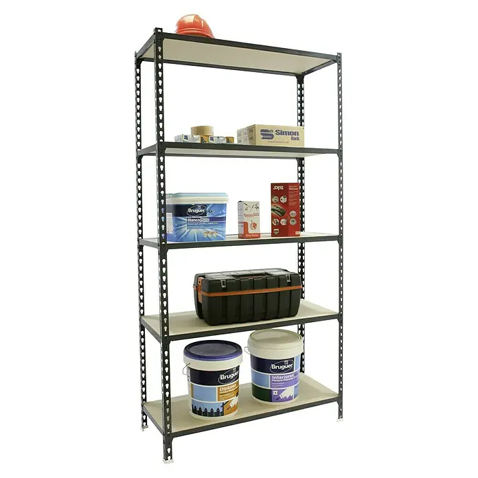 Simonrack Maderclick Metallregal Maderclick SuperPlus - H x B x T: 200 x 110 x 50 cm, Traglast pro Boden: 200 kg, Anzahl Böden: 5 Stk., Stecken, Anthrazitgrau - Ein Regal mit verschiedenen Werkzeugen und Farben, darunter ein roter Bauhelm, Werkzeugkasten und Farbbehälter von Bruguer und Simon.