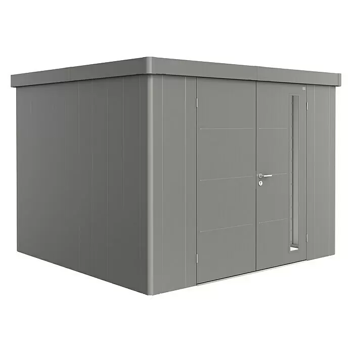 Biohort Neo Gerätehaus Neo 3C - Außenbreite inkl. Dachüberstand: 292 cm, Außentiefe inkl. Dachüberstand: 292 cm, Stahl, Quarzgrau-Metallic, Doppeltür - Moderner grauer Flachdach-Gartenschuppen mit zwei Türen und vertikalem Fenster.
