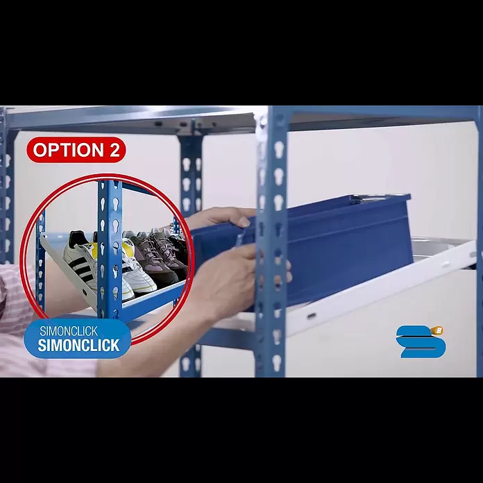 Simonrack Simonclick Metallregal Simonclick Plus - H x B x T: 90 x 90 x 50 cm, Traglast pro Boden: 180 kg, Anzahl Böden: 3 Stk., Stecken, Blau/Silber - Vídeo de montaje de la estantería metálica sin tornillos Simonclick, Simonrack.