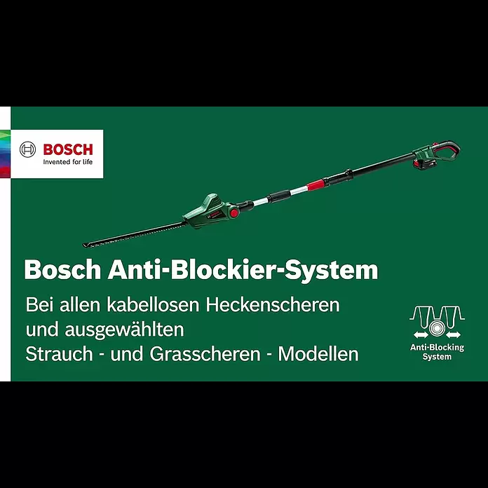 Bosch Power for All 18V Teleskop-Heckenschere UniversalHedgePole 18 - 18 V, Li-Ionen, Ohne Akku, Schnittlänge: 43 cm - Bosch 18 V Power for All Akku-Heckenschere UniversalHedgePole - Anti-Blocking Technology