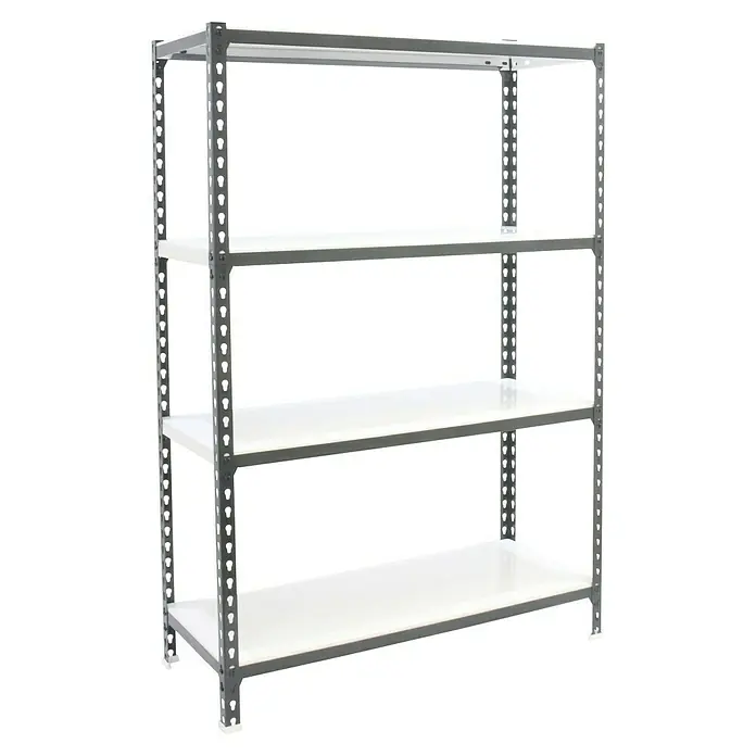 Simonrack Simonclick Metallregal Simonclick Mini - H x B x T: 150 x 80 x 50 cm, Traglast pro Boden: 180 kg, Anzahl Böden: 4 Stk., Stecken, Anthrazit/Weiß - Bild eines grauen Metallregals mit vier weißen Einlegeböden vor schwarzem Hintergrund.