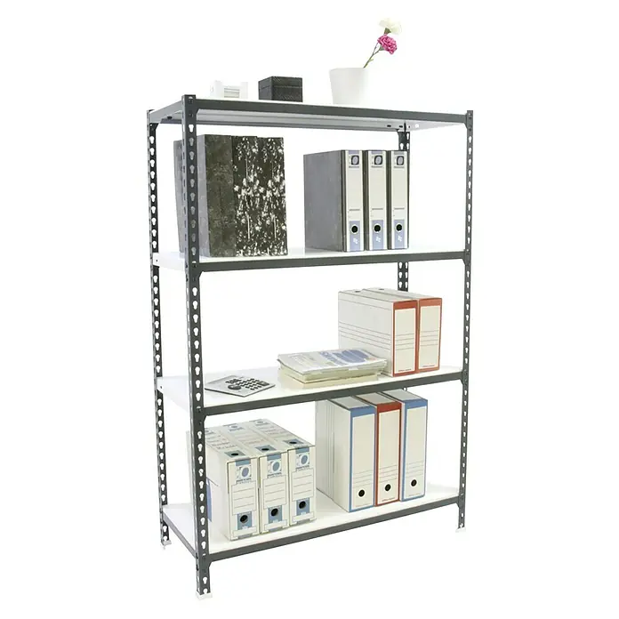 Simonrack Simonclick Metallregal Simonclick Mini - H x B x T: 150 x 80 x 50 cm, Traglast pro Boden: 180 kg, Anzahl Böden: 4 Stk., Stecken, Anthrazit/Weiß - Ein Regal mit vier weißen Ablagen, gefüllt mit Ordnern, Dokumenten und dekorativen Gegenständen. Ideal für Büro oder Lagerraum.