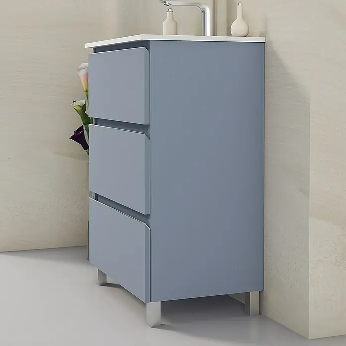 Artysan Mueble bajo de lavabo Ons - L x An x Al: 38,6 x 60 x 83,3 cm, Azul - Moderno mueble de lavabo azul grisáceo con tres cajones, perfecto para baños elegantes.