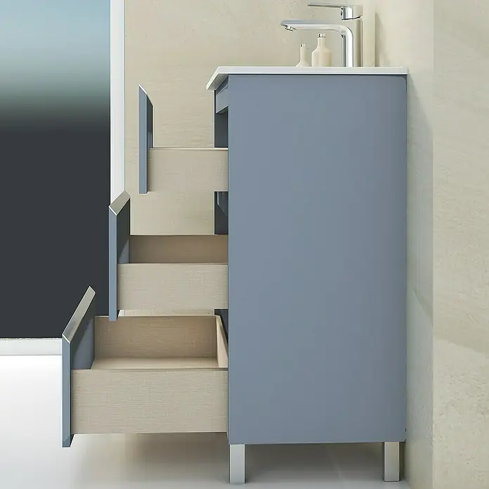 Artysan Mueble bajo de lavabo Ons - L x An x Al: 38,6 x 60 x 83,3 cm, Azul - Un moderno mueble de baño gris con cajones abiertos, ideal para un almacenamiento elegante.
