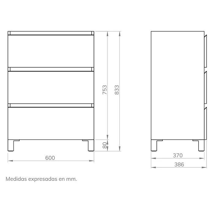Artysan Mueble bajo de lavabo Ons - L x An x Al: 38,6 x 60 x 83,3 cm, Azul - Diagrama de un mueble de baño, mostrando medidas precisas incluyendo altura, anchura y profundidad en milímetros.