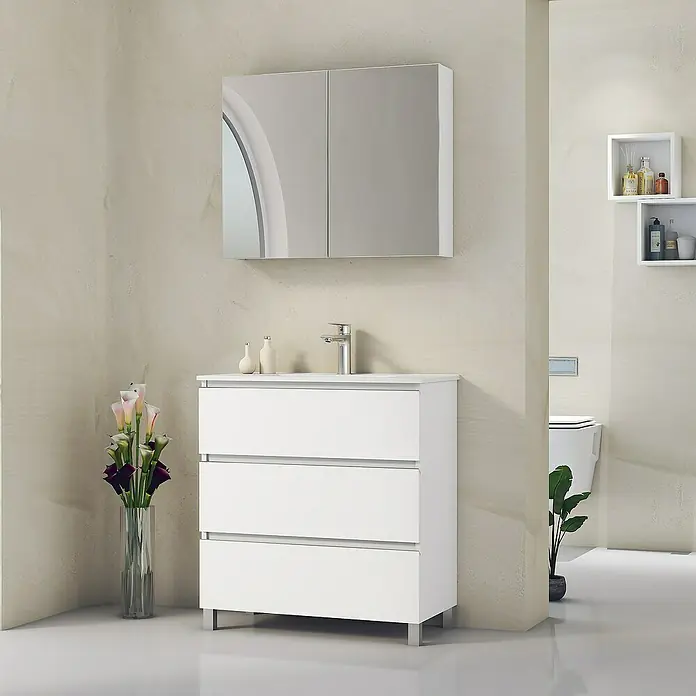 Artysan Mueble bajo de lavabo Ons - L x An x Al: 38,6 x 80 x 83,3 cm, Blanco - Un moderno conjunto de baño con mueble bajo lavabo blanco con cajones y un espejo armario para baños estilosos.