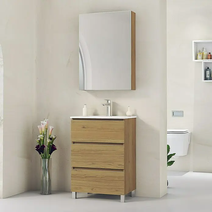 Artysan Mueble bajo de lavabo Ons - L x An x Al: 38,6 x 60 x 83,3 cm, Roble Guadarrama - Un tocador de baño con aspecto de madera y tres cajones, complementado con un armario con espejo a juego. Diseño elegante para baños modernos.