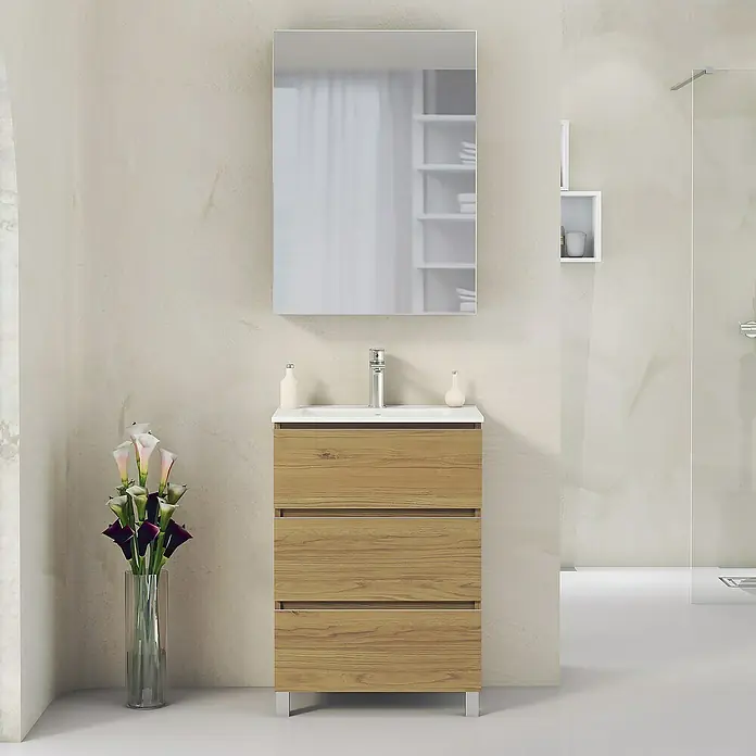 Artysan Mueble bajo de lavabo Ons - L x An x Al: 38,6 x 60 x 83,3 cm, Roble Guadarrama - Mueble de baño con tres cajones con aspecto de madera, un espejo encima y una estante.