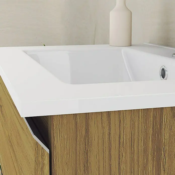 Artysan Mueble bajo de lavabo Ons - L x An x Al: 38,6 x 60 x 83,3 cm, Roble Guadarrama - Primer plano de un lavabo con mueble de madera y un jarrón blanco en la encimera. El lavabo es moderno y elegante.
