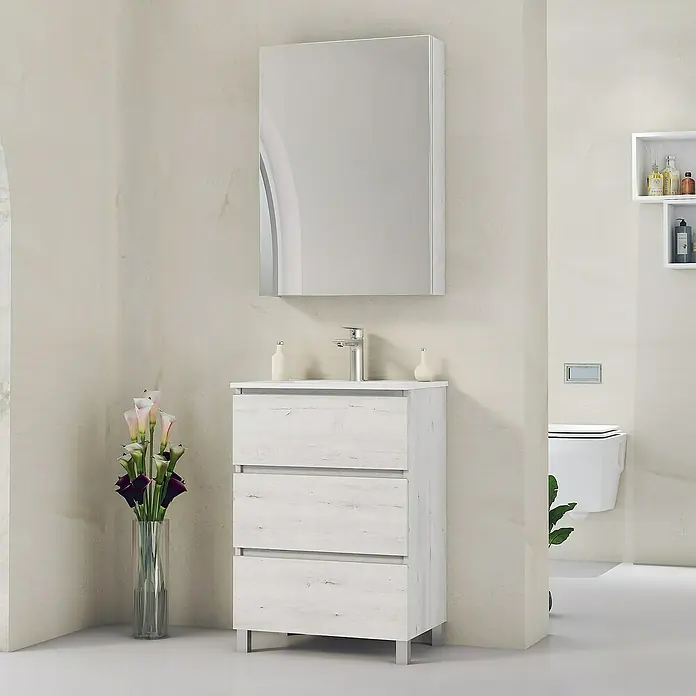 Artysan Mueble bajo de lavabo Ons - L x An x Al: 38,6 x 60 x 83,3 cm, Silver - Mueble de baño moderno con espejo y lavabo, ideal para diseños de baño elegantes. El aspecto de madera blanca crea un ambiente luminoso.