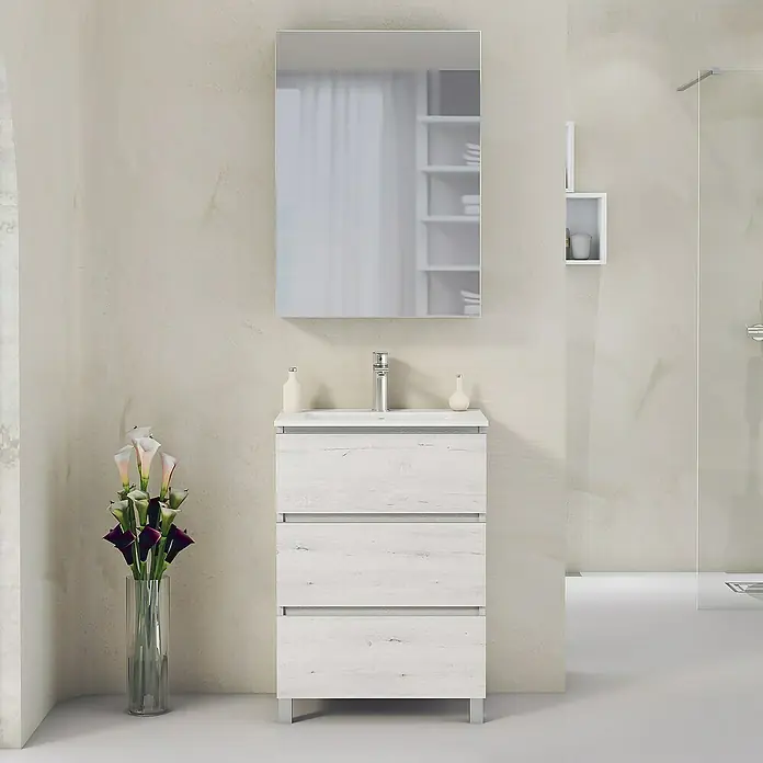 Artysan Mueble bajo de lavabo Ons - L x An x Al: 38,6 x 60 x 83,3 cm, Silver - Elegante lavabo de baño con tres cajones y espejo. Diseño moderno para una decoración de baño elegante.