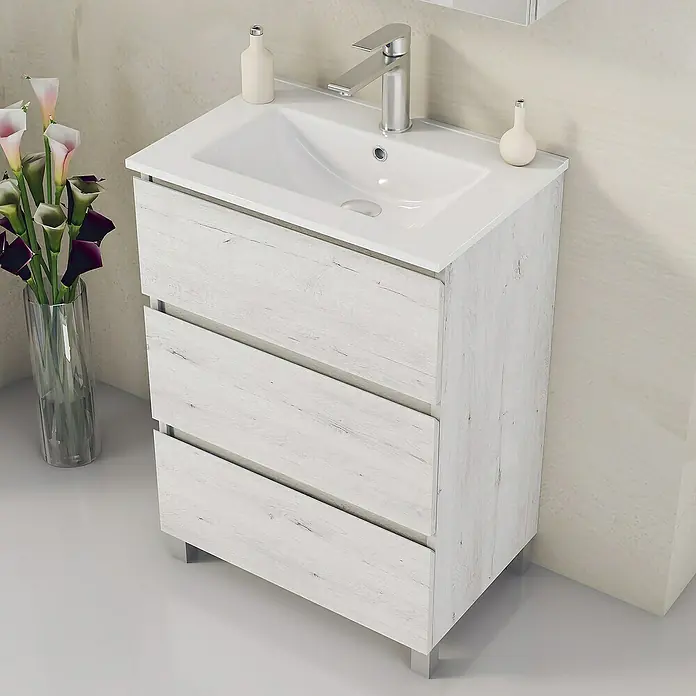 Artysan Mueble bajo de lavabo Ons - L x An x Al: 38,6 x 60 x 83,3 cm, Silver - Un mueble de baño blanco con tres cajones, perfecto para baños modernos. Ofrece amplio espacio de almacenamiento y estilo.
