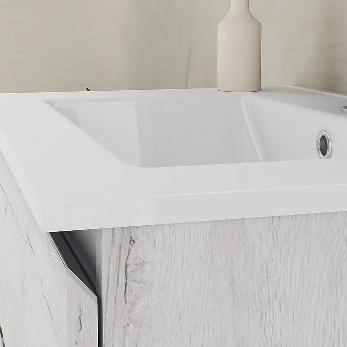 Artysan Mueble bajo de lavabo Ons - L x An x Al: 38,6 x 60 x 83,3 cm, Silver - Primer plano de un moderno tocador con un lavabo blanco y un armario con textura de madera.