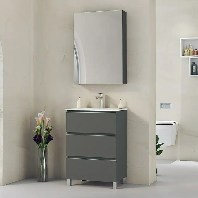 Artysan Mueble bajo de lavabo Ons - L x An x Al: 38,6 x 60 x 83,3 cm, Antracita - Un mueble de baño gris con tres cajones, lavabo y espejo. Diseño elegante para baños modernos.