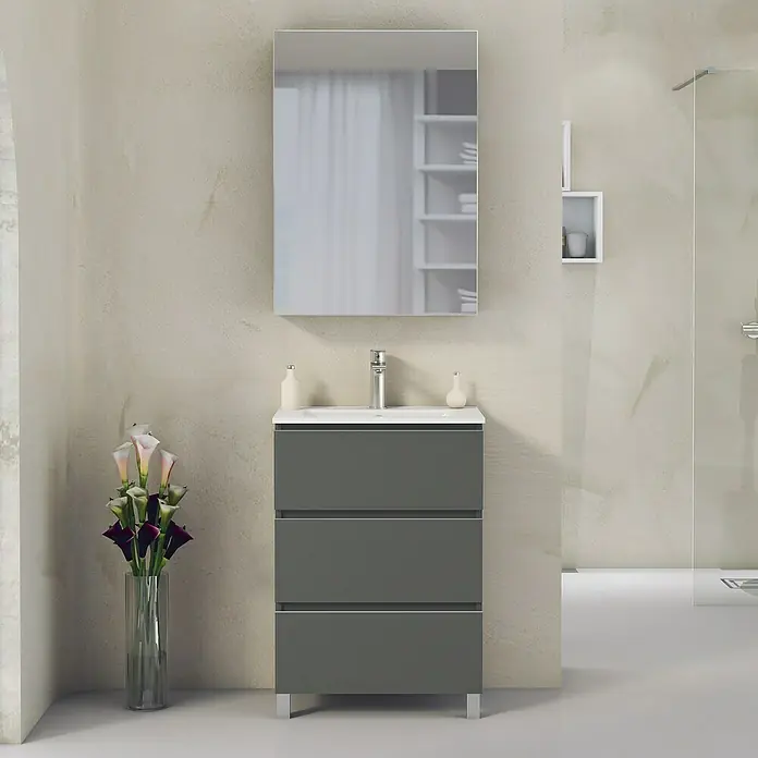 Artysan Mueble bajo de lavabo Ons - L x An x Al: 38,6 x 60 x 83,3 cm, Antracita - Un mueble de baño gris con tres cajones y un espejo a juego encima. Ideal para diseños de baño modernos.