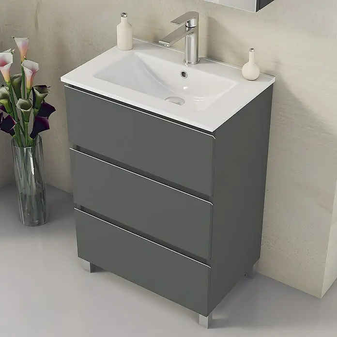 Artysan Mueble bajo de lavabo Ons - L x An x Al: 38,6 x 60 x 83,3 cm, Antracita - Mueble de lavabo gris con tres cajones, elegante y moderno para cualquier baño.