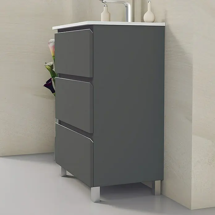 Artysan Mueble bajo de lavabo Ons - L x An x Al: 38,6 x 60 x 83,3 cm, Antracita - Mueble de baño gris oscuro con tres cajones y grifo sobre superficie blanca. Diseño elegante y funcional para baños modernos.