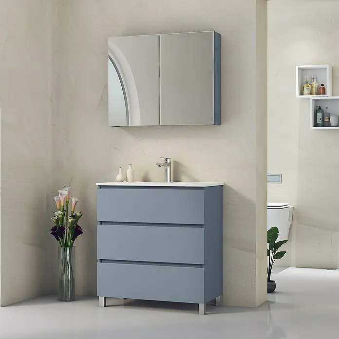 Artysan Mueble bajo de lavabo Ons - L x An x Al: 38,6 x 70 x 83,3 cm, Azul - Mueble de baño con tres cajones, espejo y diseño elegante para baños modernos.