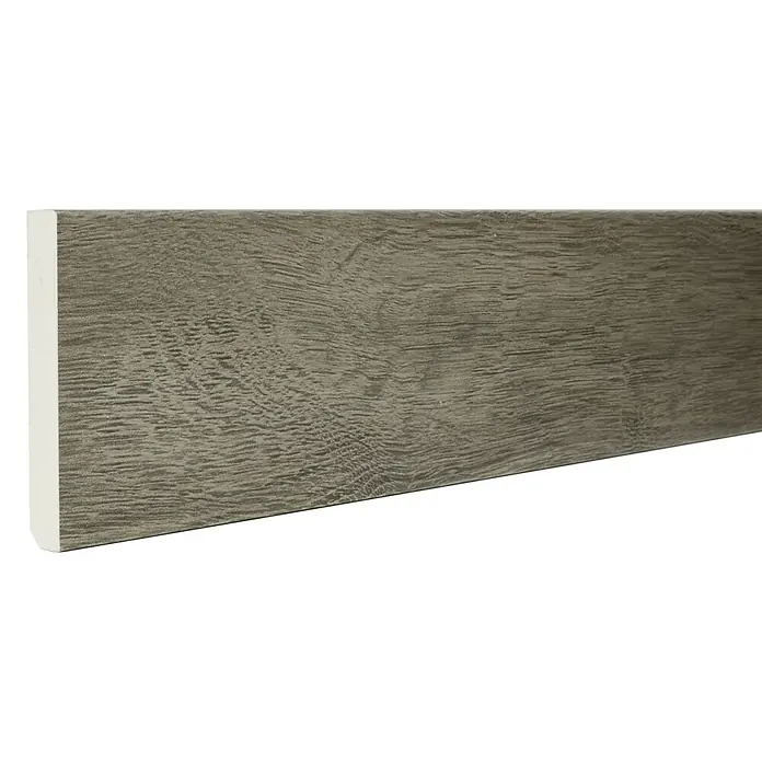 Rodapié Oak Beige - 2,2 m x 13 mm x 90 mm - Zócalo de madera gris con un borde superior blanco limpio, creando un aspecto moderno y elegante. Perfecto para cualquier habitación.