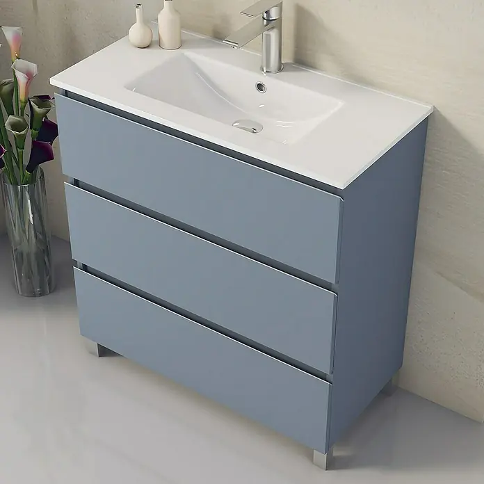 Artysan Mueble bajo de lavabo Ons - L x An x Al: 38,6 x 70 x 83,3 cm, Azul - Un moderno mueble de baño con tres cajones y un lavabo blanco con grifo. Diseño elegante para cualquier baño.