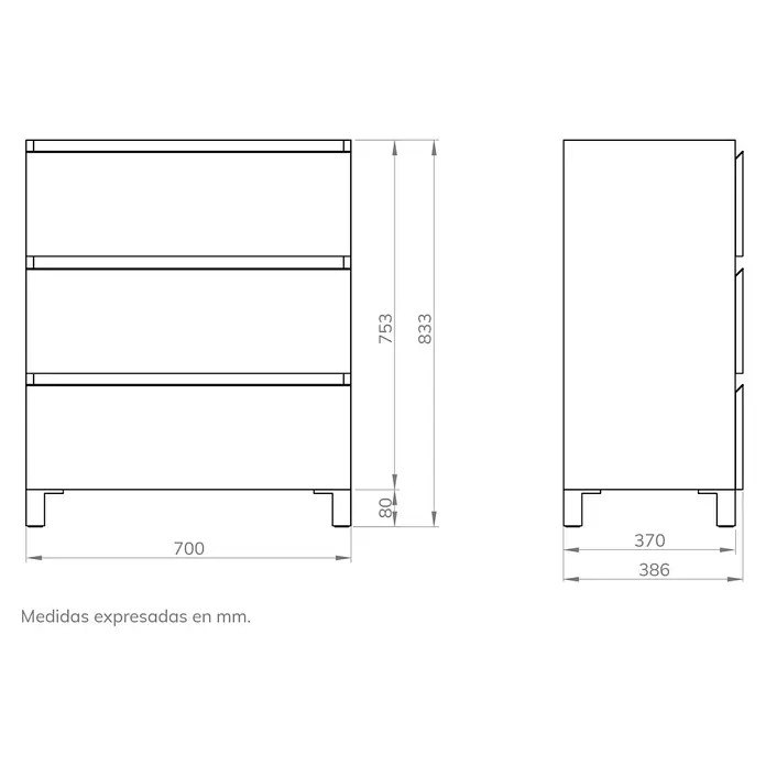 Artysan Mueble bajo de lavabo Ons - L x An x Al: 38,6 x 70 x 83,3 cm, Azul - Boceto de un armario con cajones, dimensiones 700x386x833 mm, para una visión detallada y la planificación del mueble.