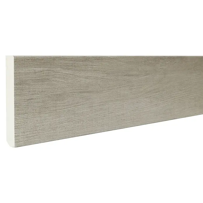 Rodapié Ambient Tan - 2,2 m x 13 mm x 90 mm - Un zócalo de madera gris con borde blanco, perfecto para interiores modernos. Añade protección y un aspecto elegante a cualquier estancia.