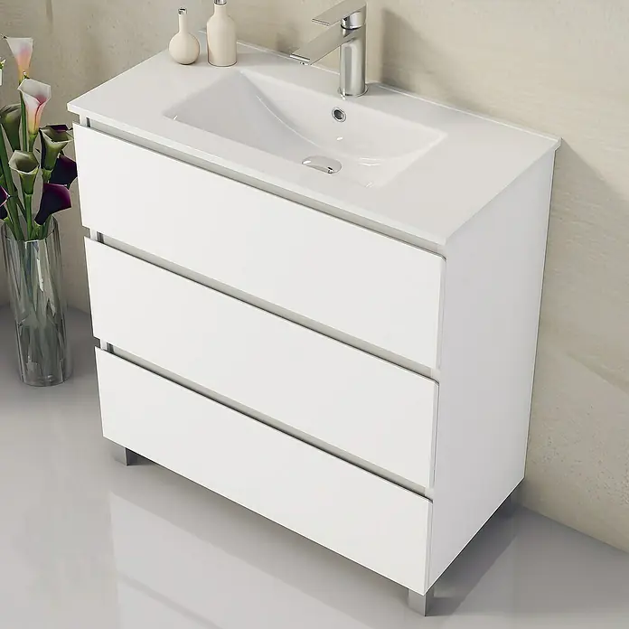 Artysan Mueble bajo de lavabo Ons - L x An x Al: 38,6 x 80 x 83,3 cm, Blanco - Mueble de baño blanco y elegante con tres cajones, complementado con un grifo moderno y un diseño minimalista para un aspecto limpio.