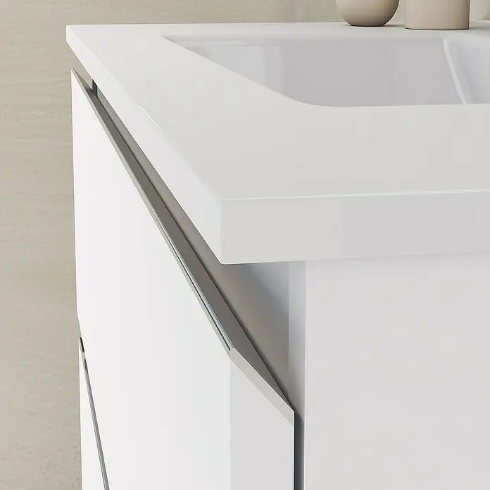 Artysan Mueble bajo de lavabo Ons - L x An x Al: 38,6 x 80 x 83,3 cm, Blanco - Vista detallada de un moderno mueble de baño blanco con superficies brillantes y líneas limpias. Perfecto para un baño elegante.