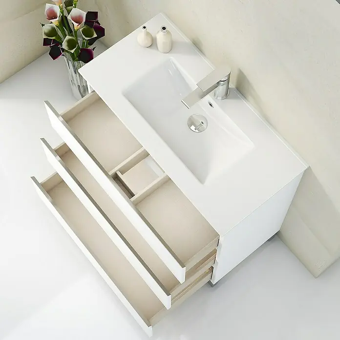 Artysan Mueble bajo de lavabo Ons - L x An x Al: 38,6 x 80 x 83,3 cm, Blanco - Mueble de baño blanco con tres cajones abiertos, un lavabo moderno y grifo, ideal para un baño elegante.
