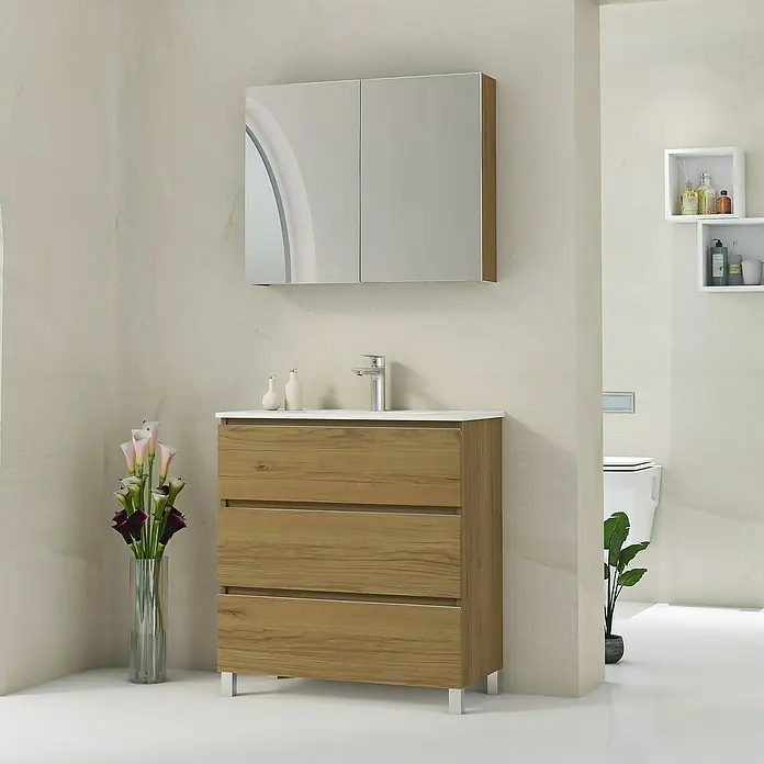 Artysan Mueble bajo de lavabo Ons - L x An x Al: 38,6 x 80 x 83,3 cm, Roble Guadarrama - Mueble de baño con estructura de madera y lavabo sobre encimera blanco, acompañado de un armario con espejo para una estética de baño moderna.