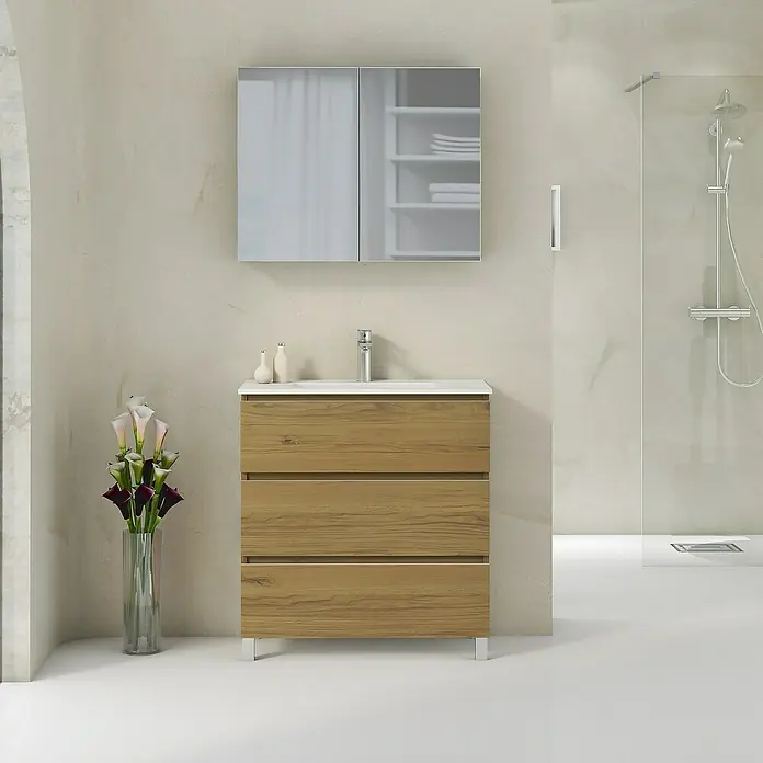 Artysan Mueble bajo de lavabo Ons - L x An x Al: 38,6 x 80 x 83,3 cm, Roble Guadarrama - Mueble de baño con tres cajones y lavabo, más armario con espejo a juego para un ambiente moderno.
