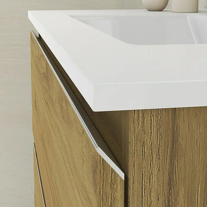 Artysan Mueble bajo de lavabo Ons - L x An x Al: 38,6 x 80 x 83,3 cm, Roble Guadarrama - Primer plano de un mueble de lavabo con chapa de madera clara y una encimera blanca brillante.