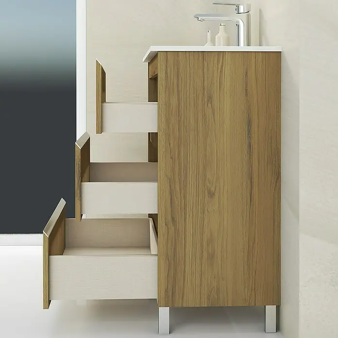 Artysan Mueble bajo de lavabo Ons - L x An x Al: 38,6 x 80 x 83,3 cm, Roble Guadarrama - Un mueble de baño con textura de madera y cajones abiertos, ideal para el almacenamiento elegante del baño.