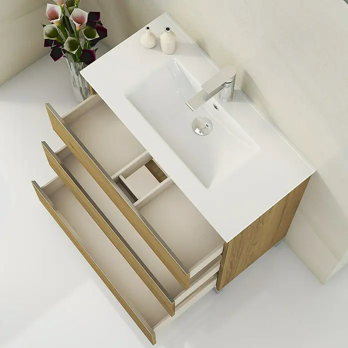 Artysan Mueble bajo de lavabo Ons - L x An x Al: 38,6 x 80 x 83,3 cm, Roble Guadarrama - Imagen de un moderno mueble de baño con cajones abiertos, perfecto para un baño elegante. El énfasis está en el diseño y la funcionalidad.