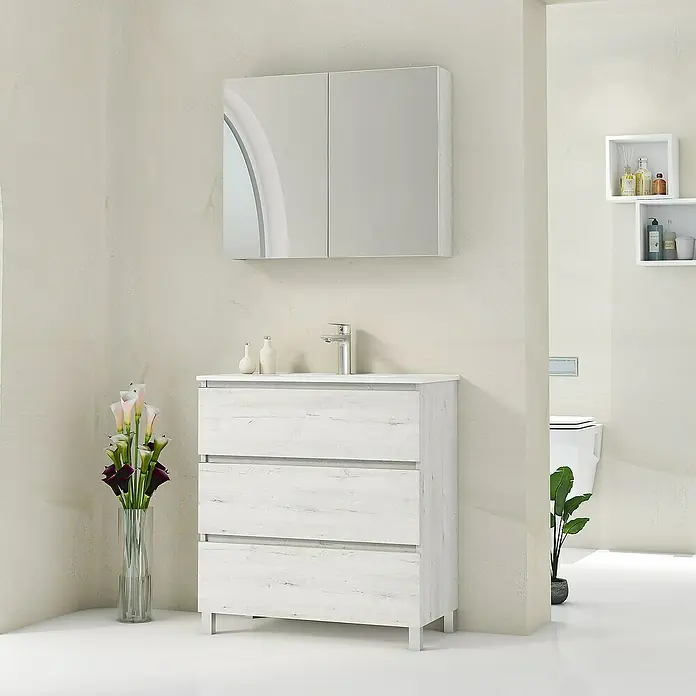 Artysan Mueble bajo de lavabo Ons - L x An x Al: 38,6 x 80 x 83,3 cm, Silver - Un moderno lavabo de baño con tres cajones y un armario con espejo encima. El diseño elegante encaja perfectamente en cualquier baño.