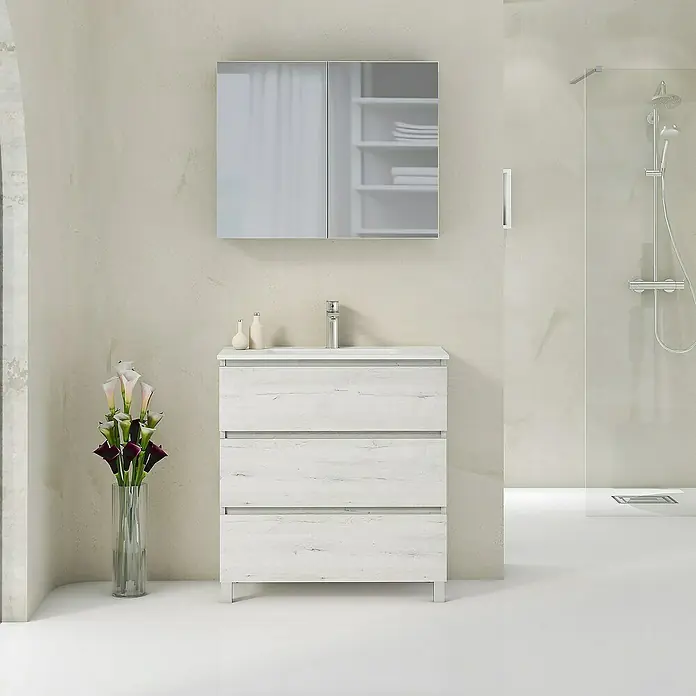 Artysan Mueble bajo de lavabo Ons - L x An x Al: 38,6 x 80 x 83,3 cm, Silver - Mueble de baño moderno con cajones y armario con espejo en un baño luminoso.