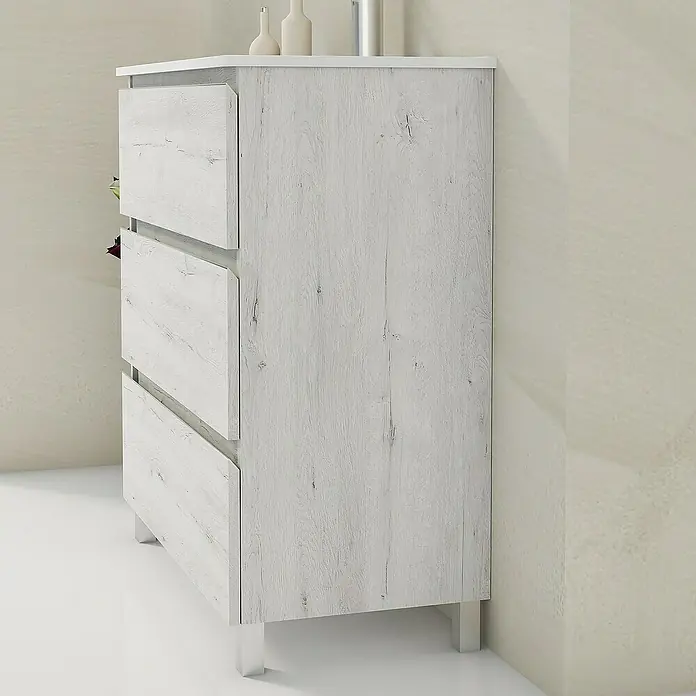 Artysan Mueble bajo de lavabo Ons - L x An x Al: 38,6 x 80 x 83,3 cm, Silver - Una cómoda de madera blanca con tres cajones, ideal para almacenamiento en dormitorios o salas de estar.