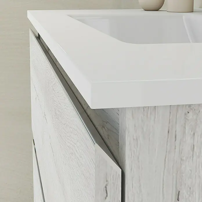 Artysan Mueble bajo de lavabo Ons - L x An x Al: 38,6 x 80 x 83,3 cm, Silver - Primer plano de un lavabo hecho de madera clara y gres blanco. La veta de la madera es claramente visible.