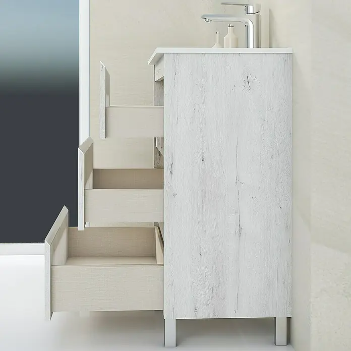 Artysan Mueble bajo de lavabo Ons - L x An x Al: 38,6 x 80 x 83,3 cm, Silver - Mueble de baño blanco con cajones abiertos. Práctico mueble de baño para un almacenamiento elegante.